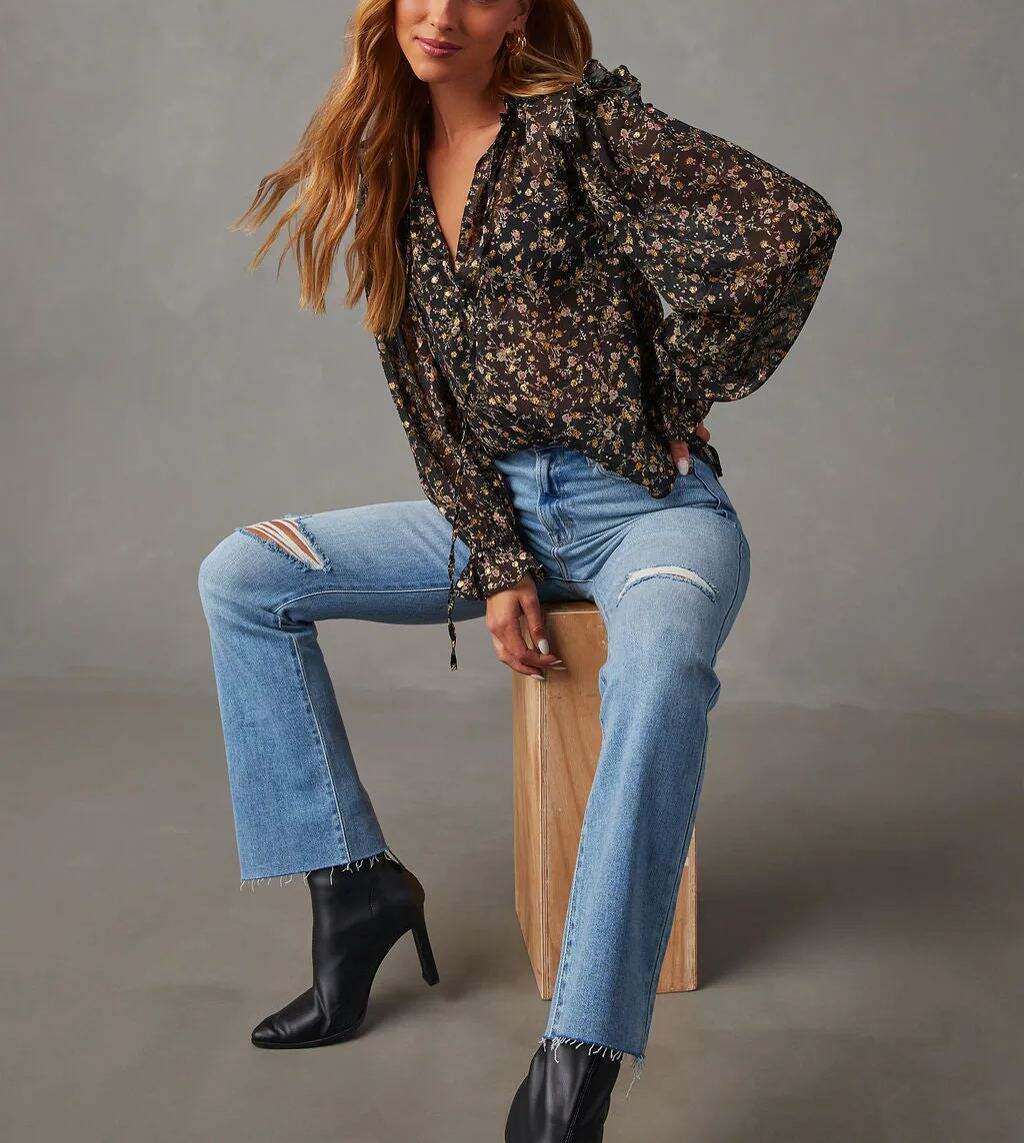 Floral Ruffle Trim Blouse