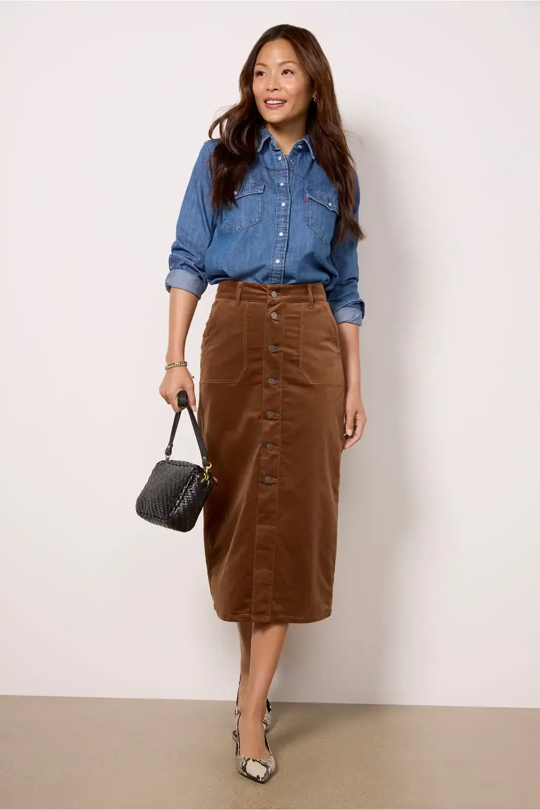 Maple Brown Corduroy Midi Skirt