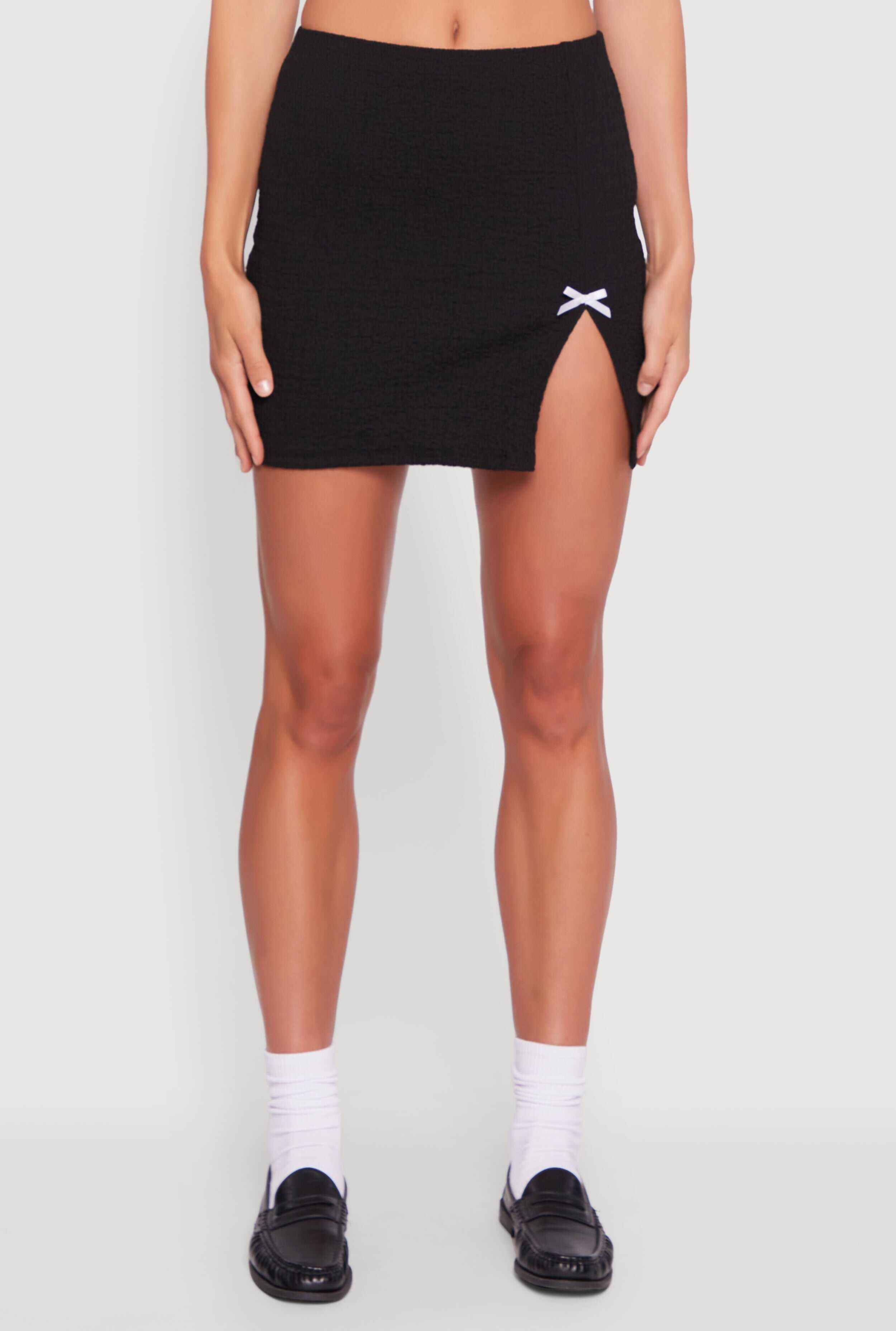 Textured Knit Bow Detail Side Slit Mini Skirt