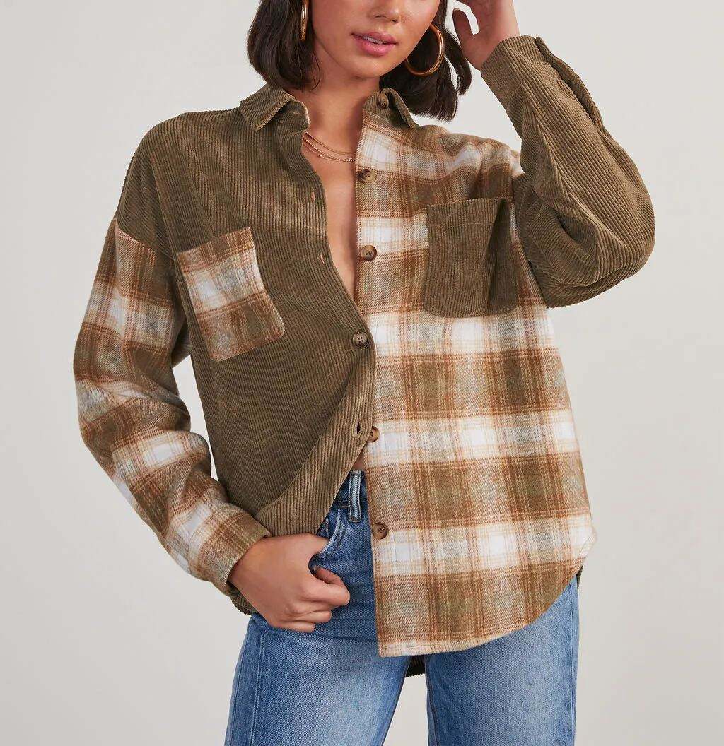 Plaid Colorblock Button Down Top
