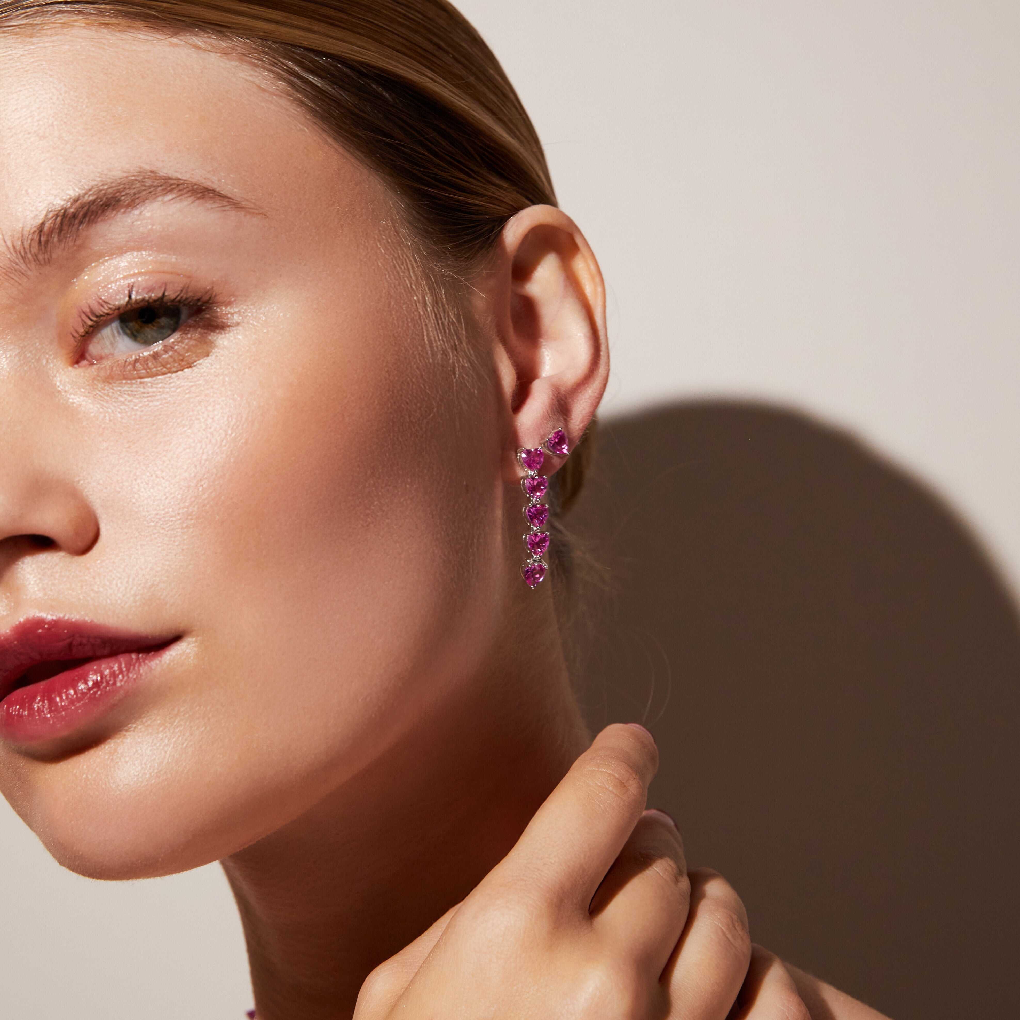 Pink Sapphire Heart Tennis Earrings