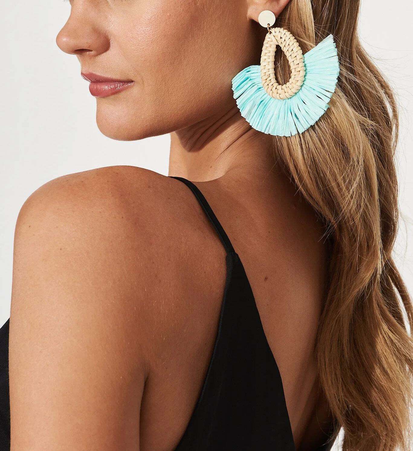 Drop Earrings In Light Blue Rattan Woven