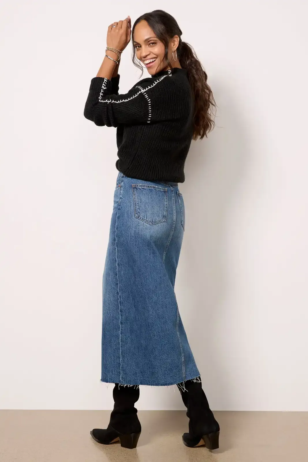 Faded Blue Wash Midi Skirt