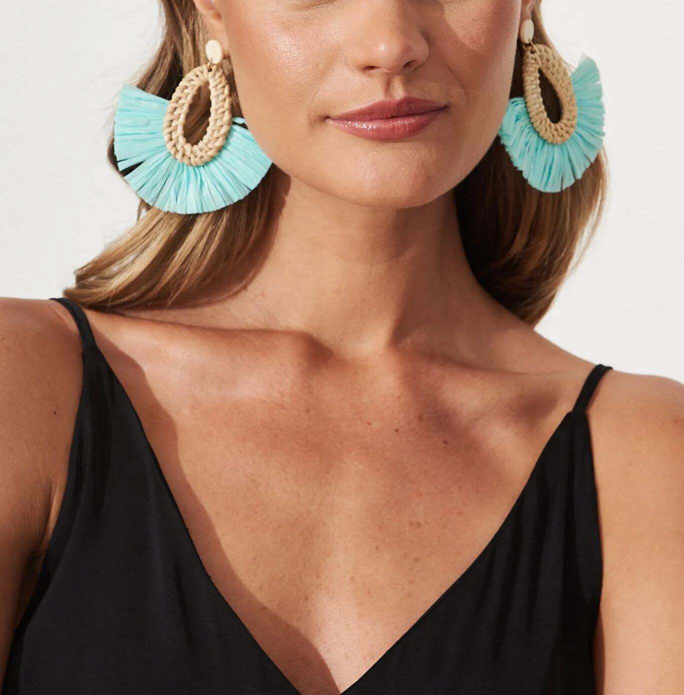 Drop Earrings In Light Blue Rattan Woven