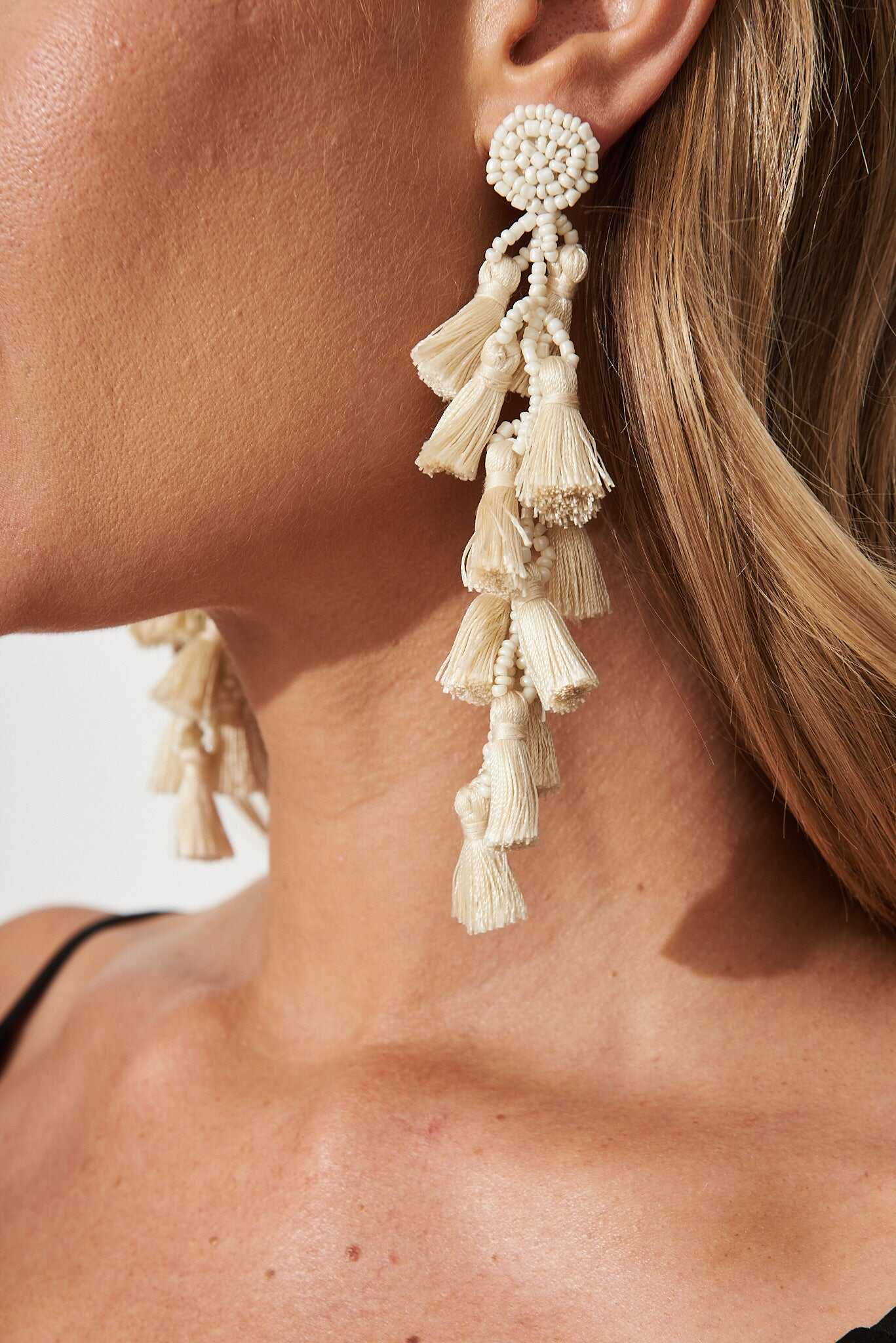 Drop Tassel Earrings In Cream