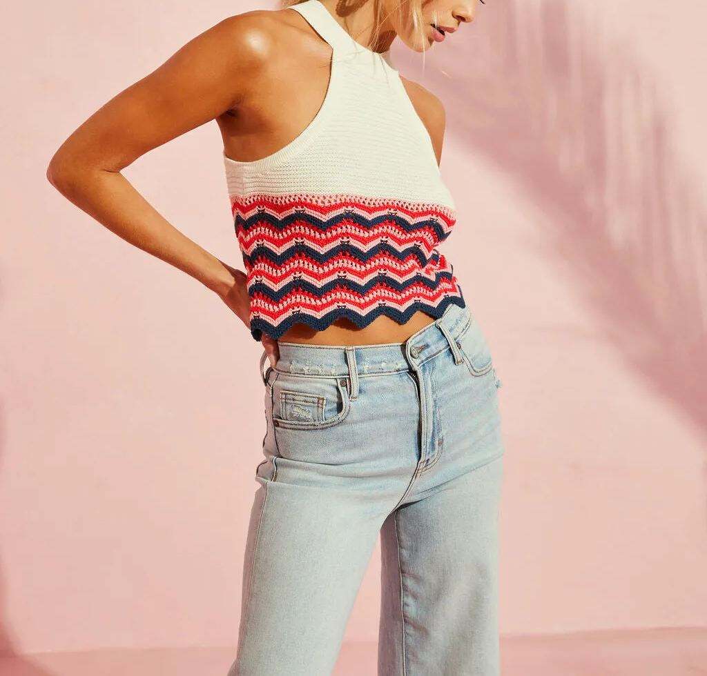 Contrast crochet-knit halterneck top