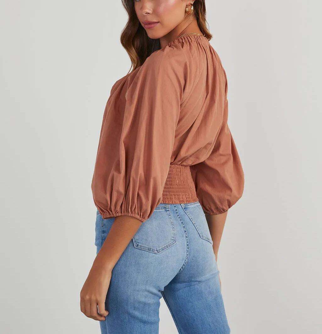 Cotton Ruched V-Neck Top
