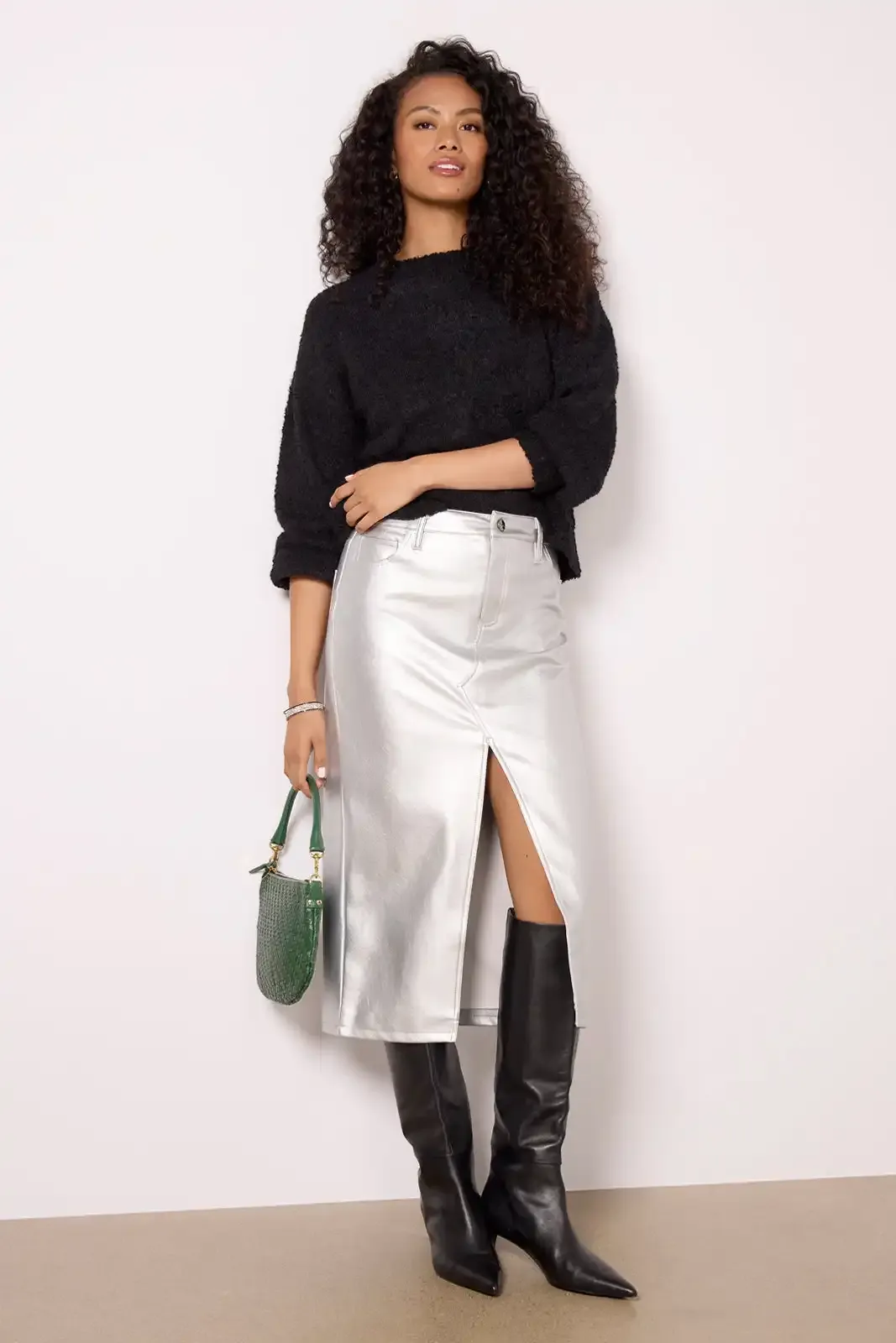 Silver Leather Like Midi Skirt