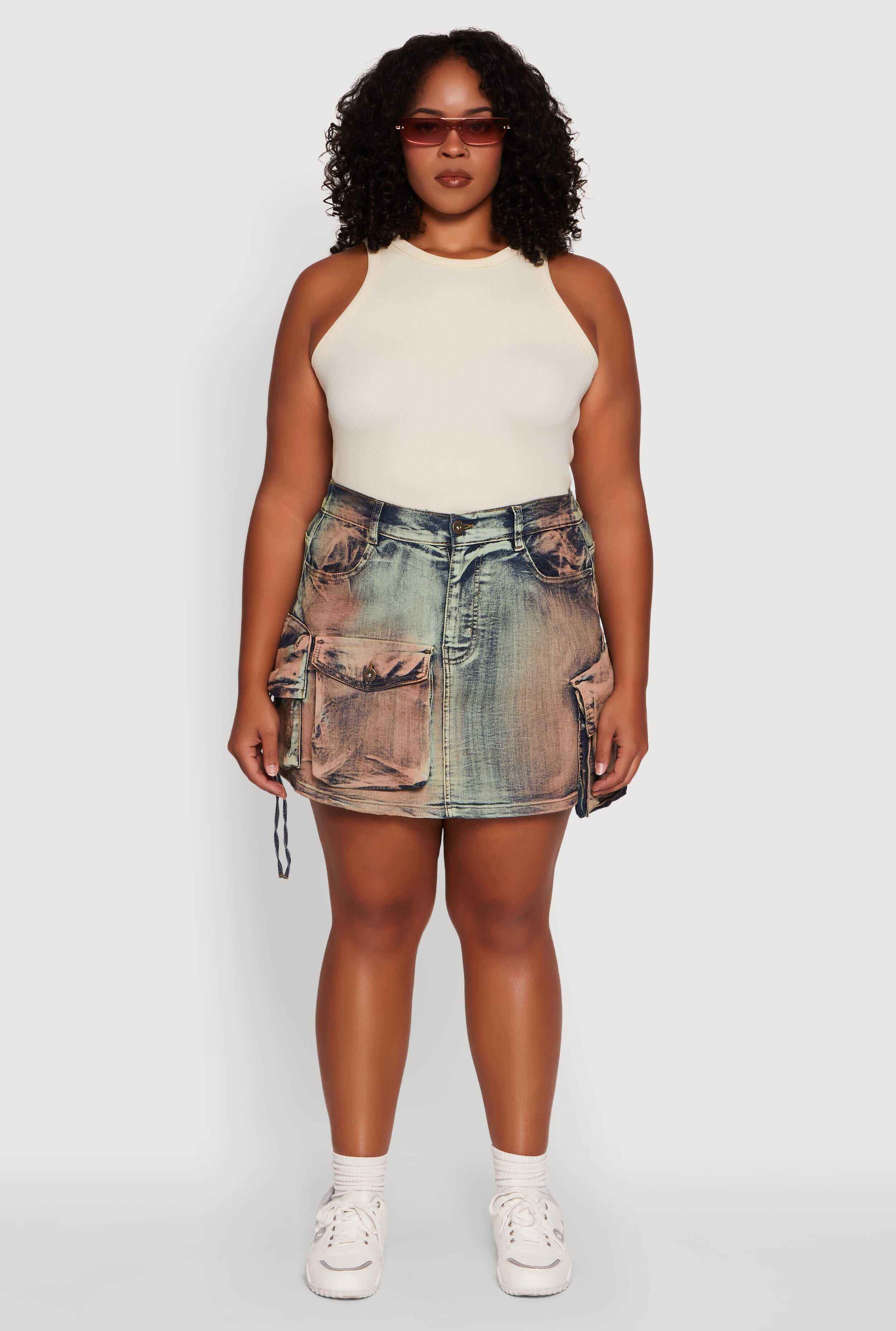 Plus Size Acid Wash High Waisted Mini Denim Skirt
