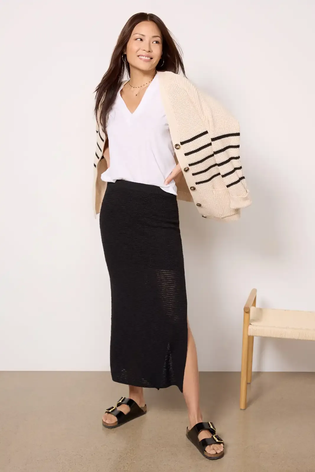 Black Breezy Side Slit Midi Skirt
