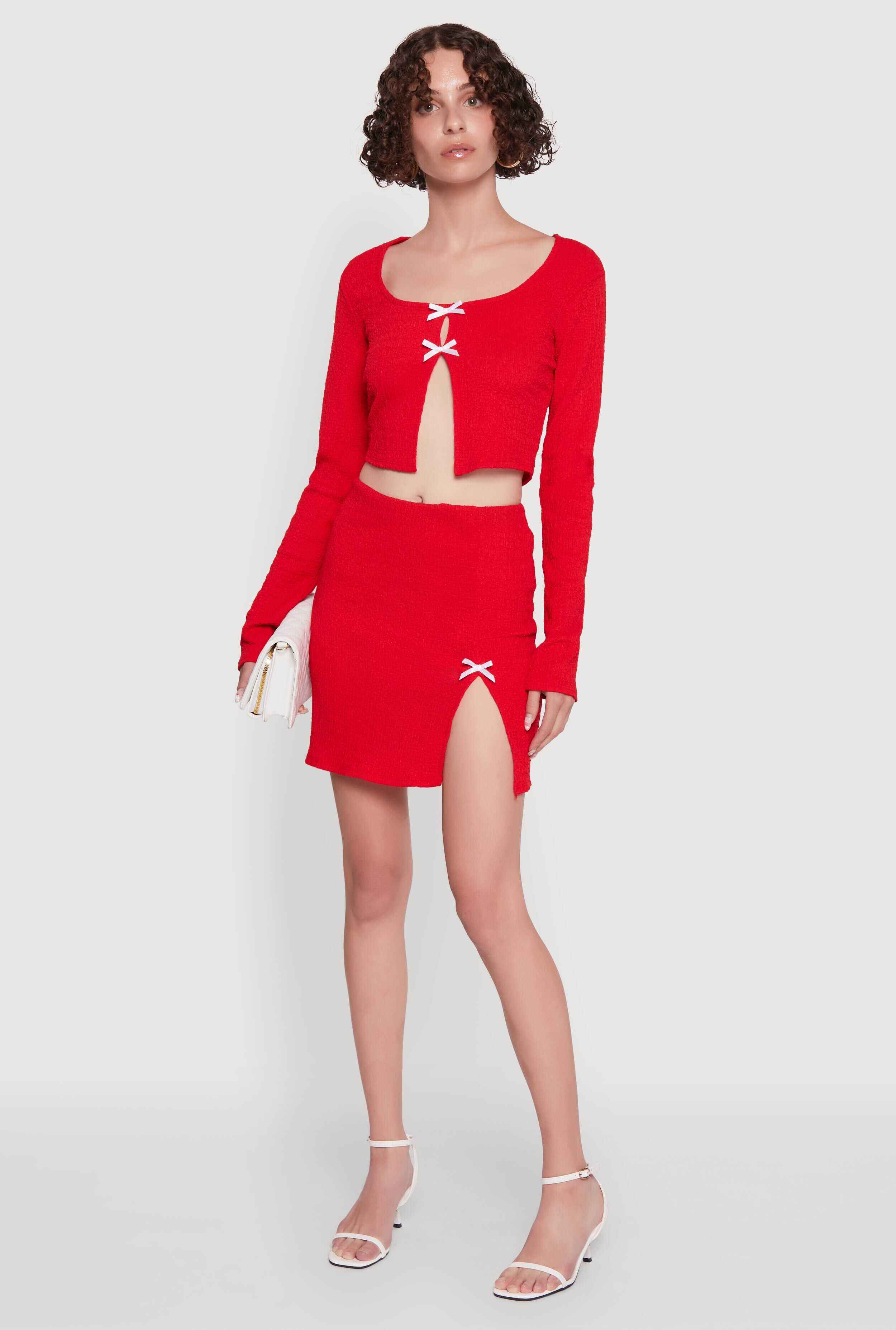 Textured Knit Bow Detail Side Slit Mini Skirt