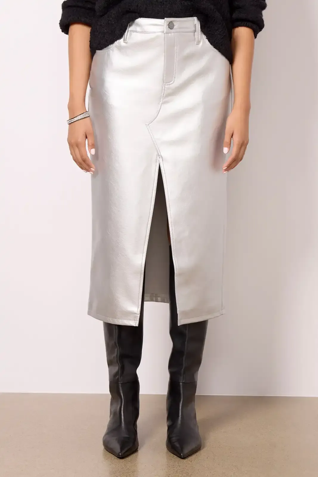Silver Leather Like Midi Skirt