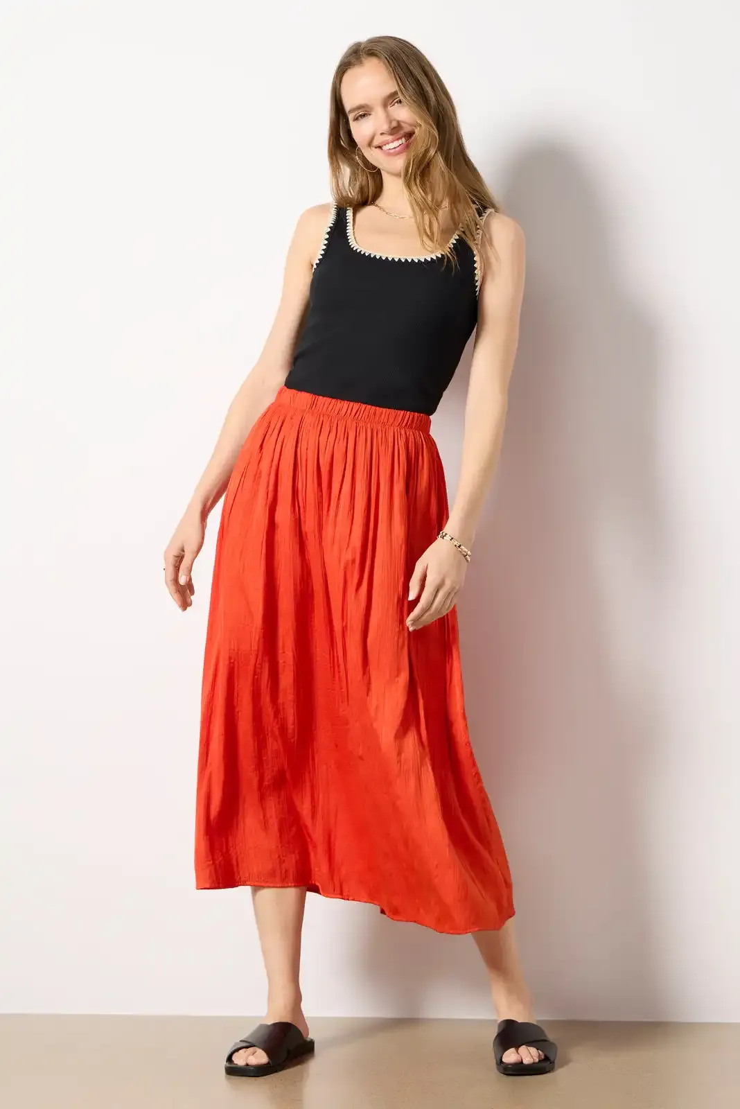 Red Satin Midi Skirt