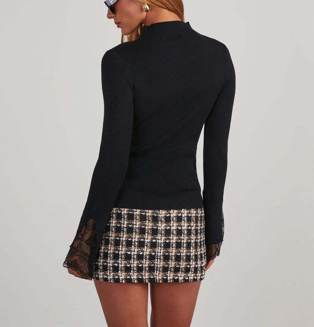 Mock Neck Lace Trim Sweater