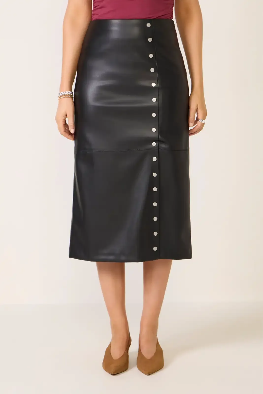 Silver Studded Black Midi Skirt