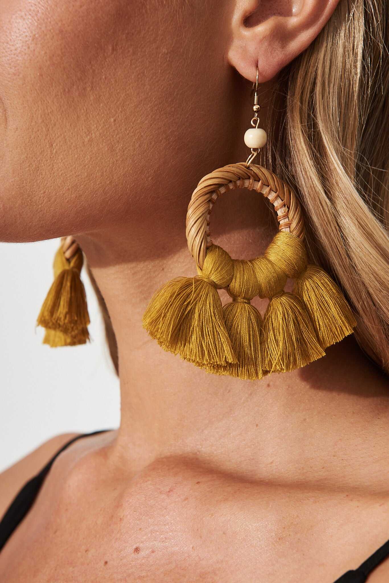 Drop Tassel Earrings In Mustard
