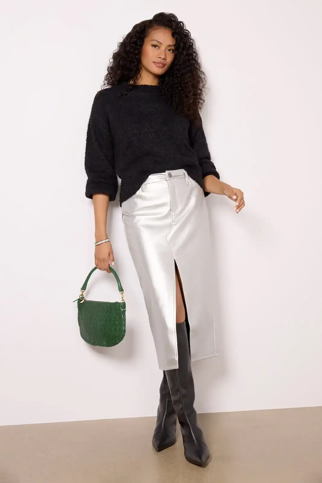 Silver Leather Like Midi Skirt