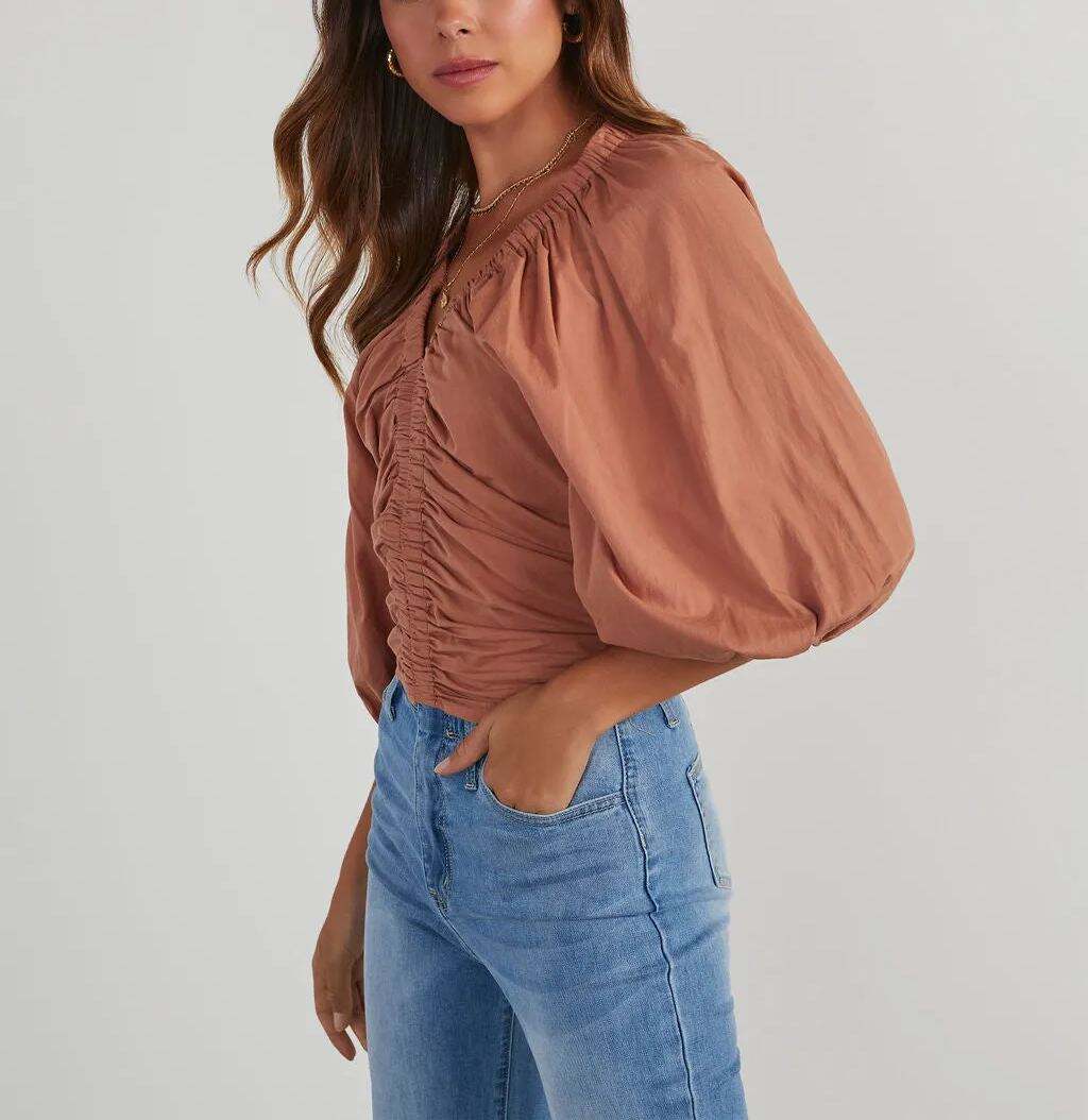 Cotton Ruched V-Neck Top
