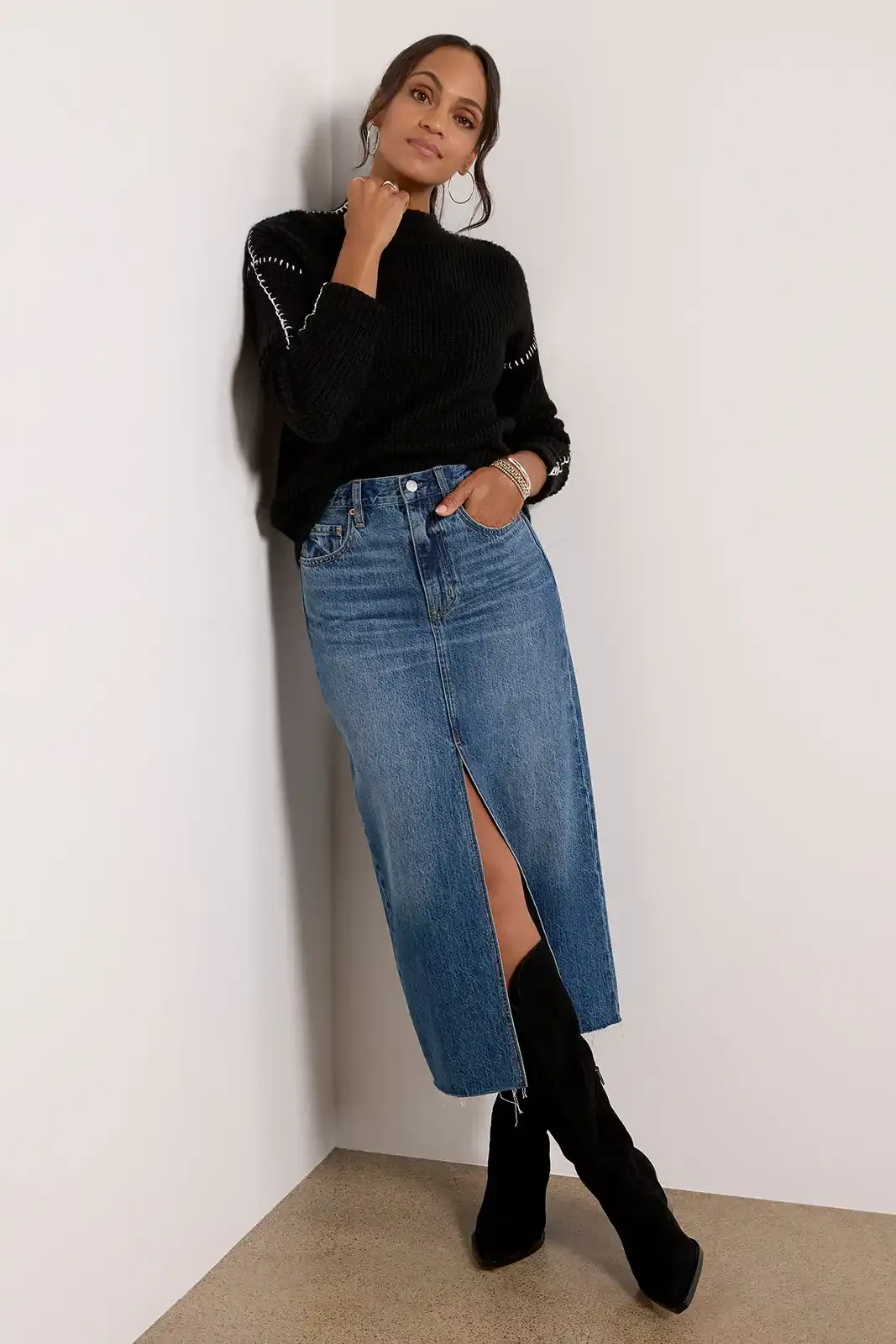 Faded Blue Wash Midi Skirt