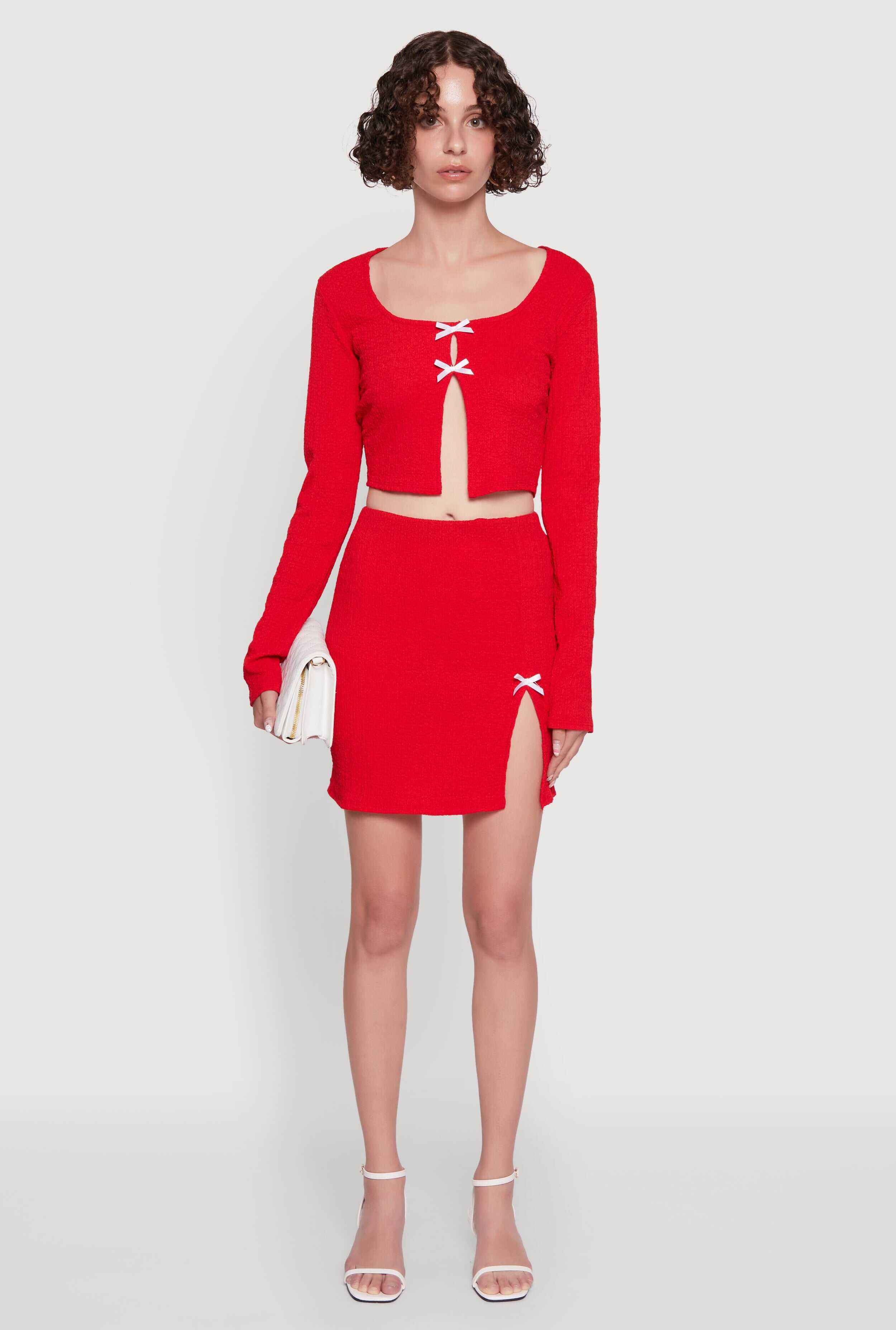 Textured Knit Bow Detail Side Slit Mini Skirt