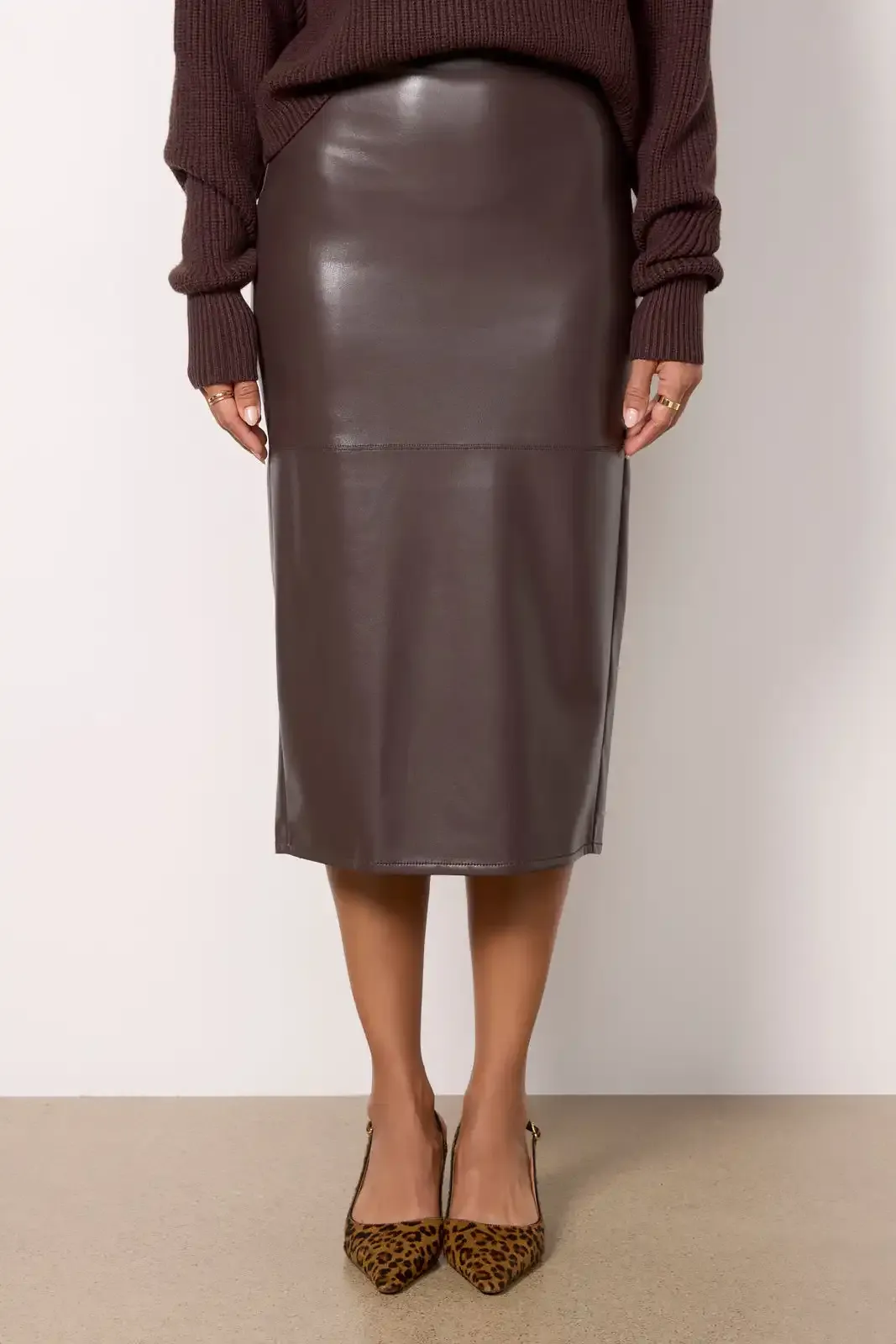 Bark Color Sheen Faux-Leather Skirt