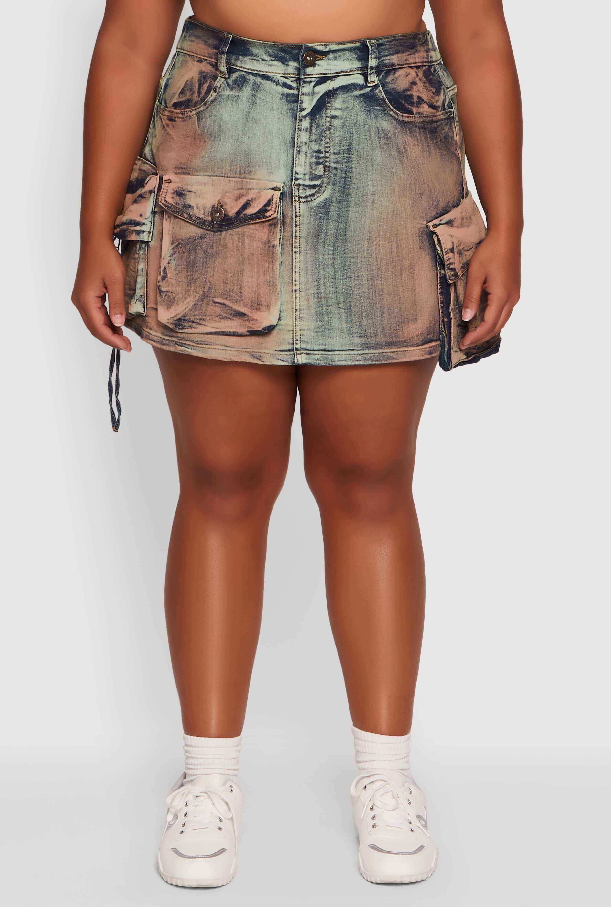 Plus Size Acid Wash High Waisted Mini Denim Skirt