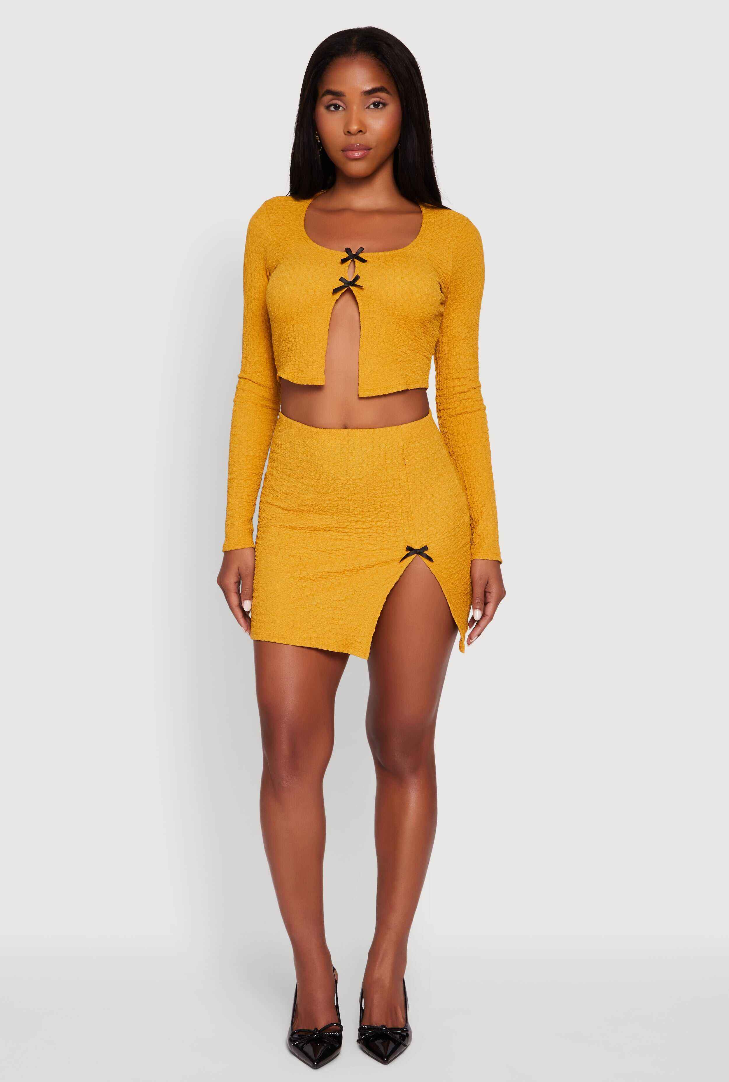 Textured Knit Bow Detail Side Slit Mini Skirt