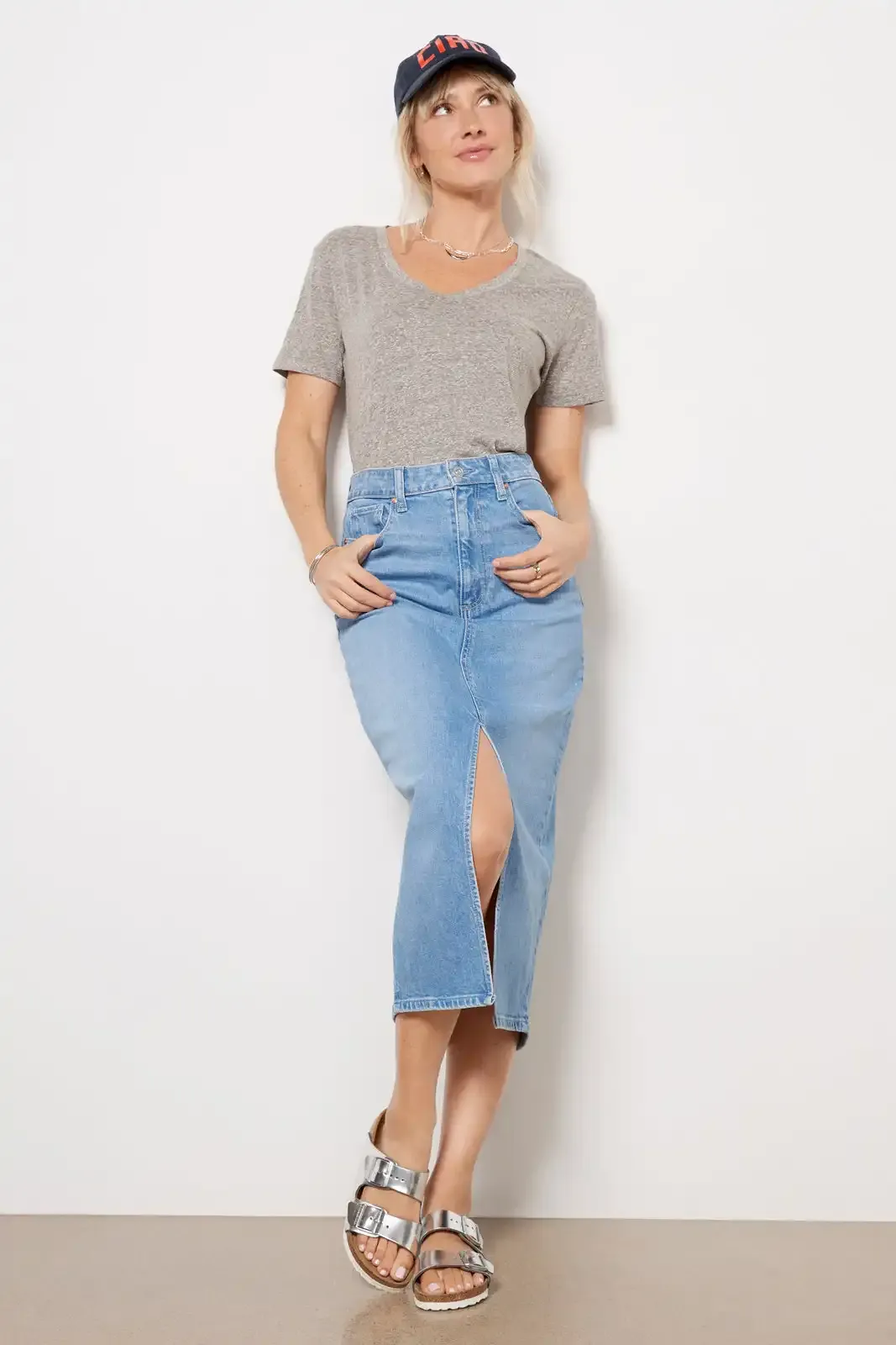 Light-Colored Denim Midi Skirt