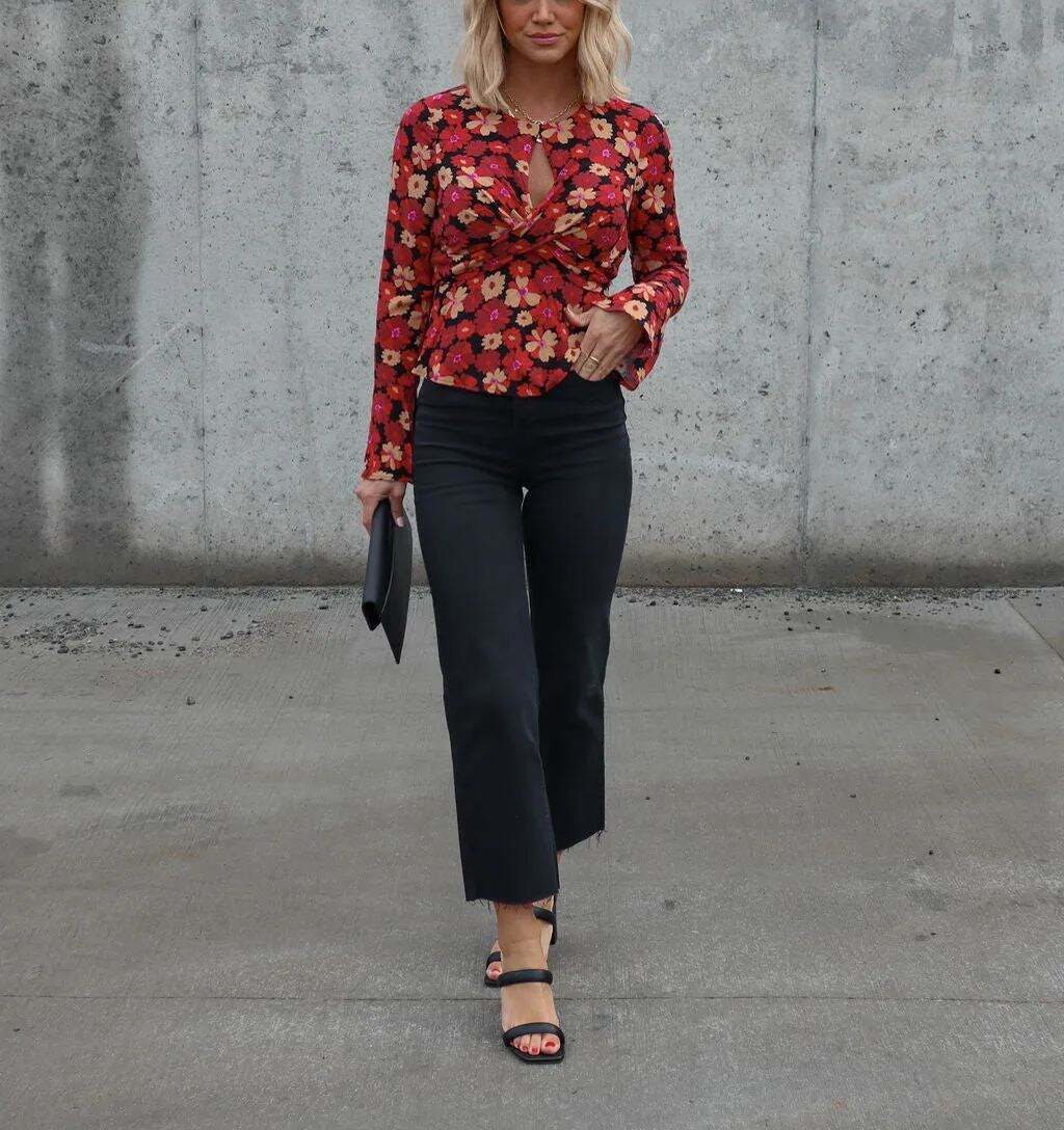 Floral Cutout Bell Sleeve Top