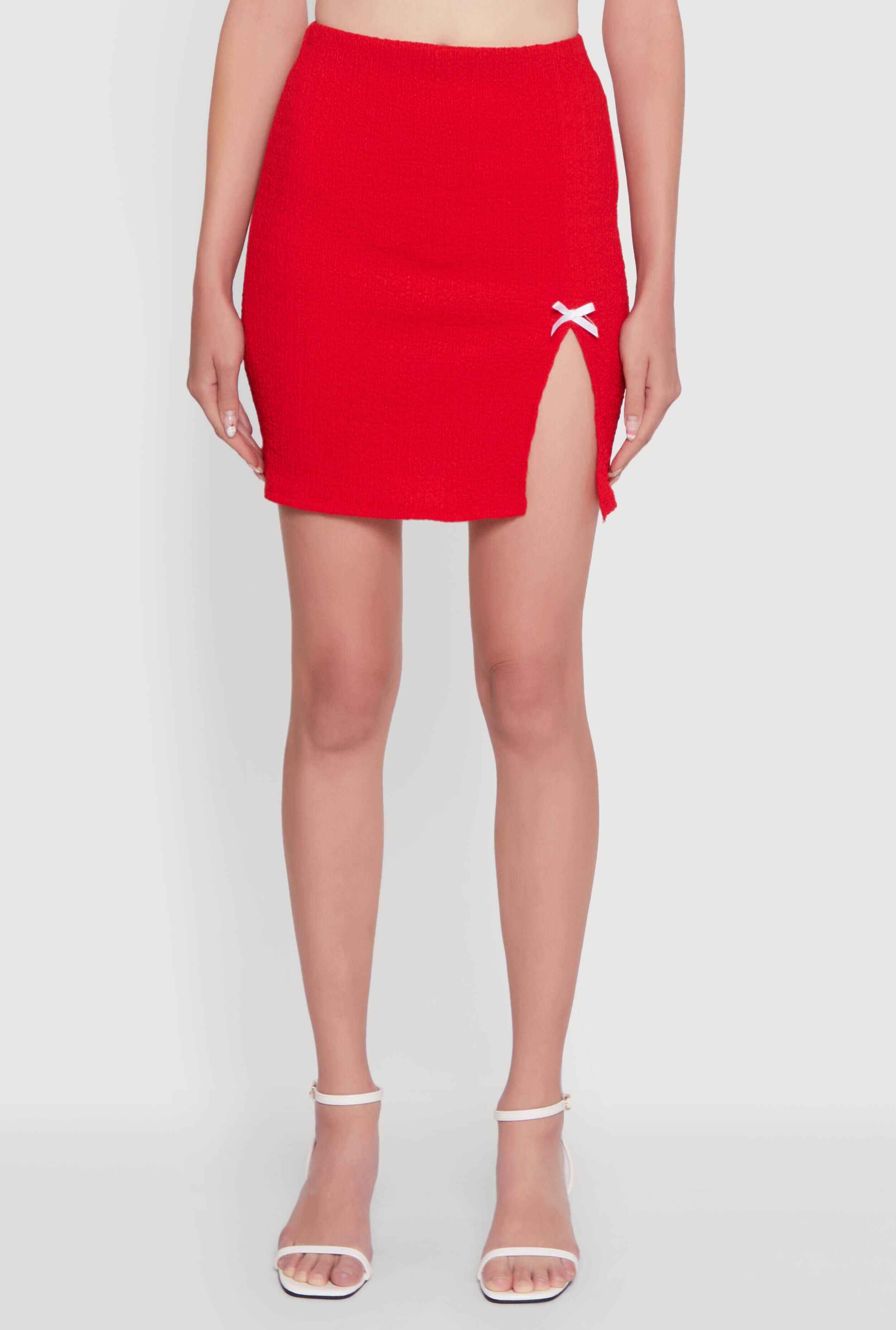 Textured Knit Bow Detail Side Slit Mini Skirt