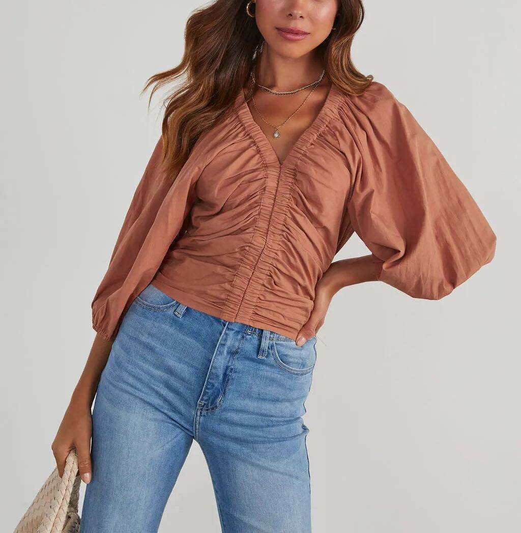 Cotton Ruched V-Neck Top