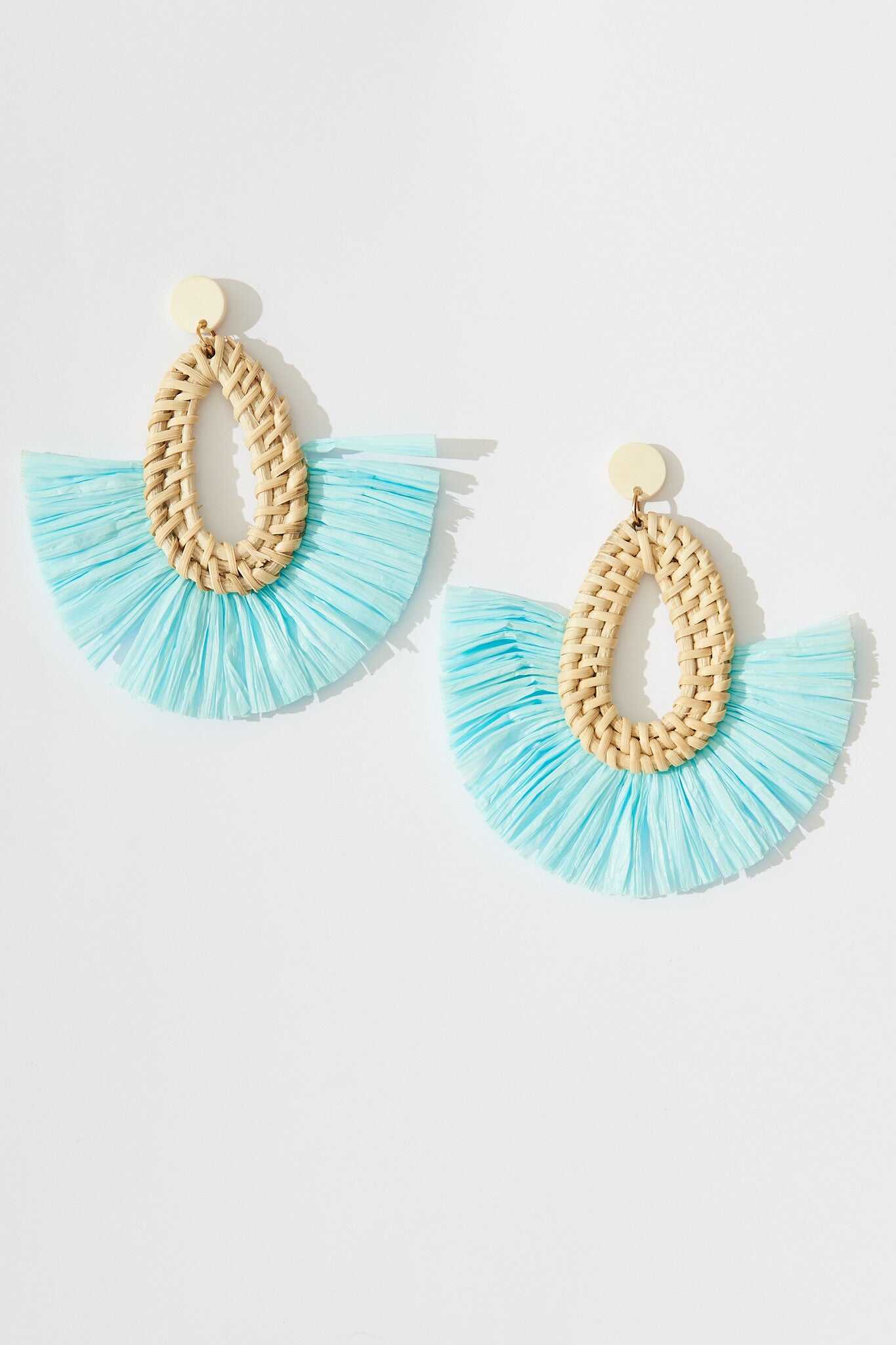 Drop Earrings In Light Blue Rattan Woven