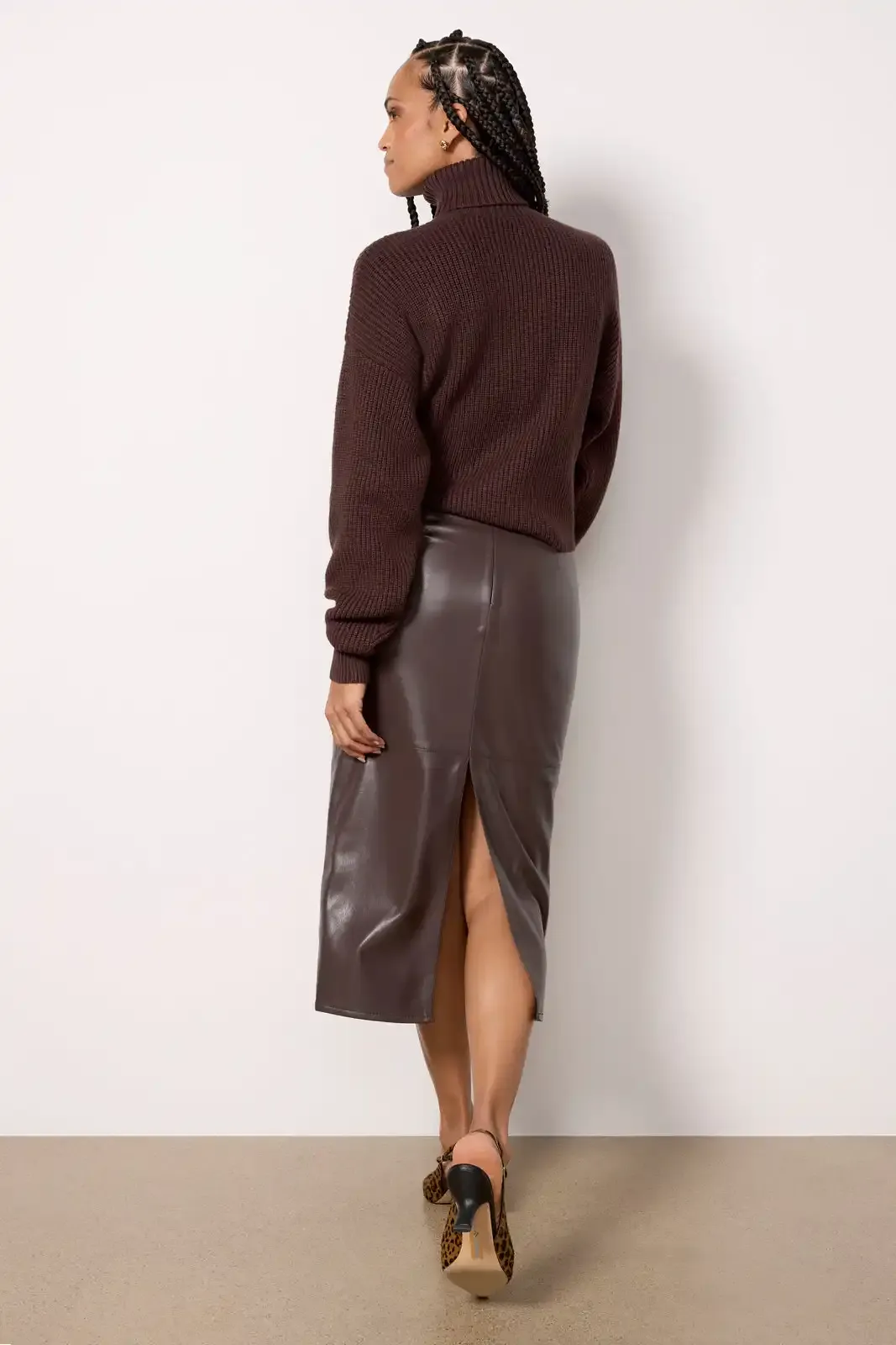 Bark Color Sheen Faux-Leather Skirt