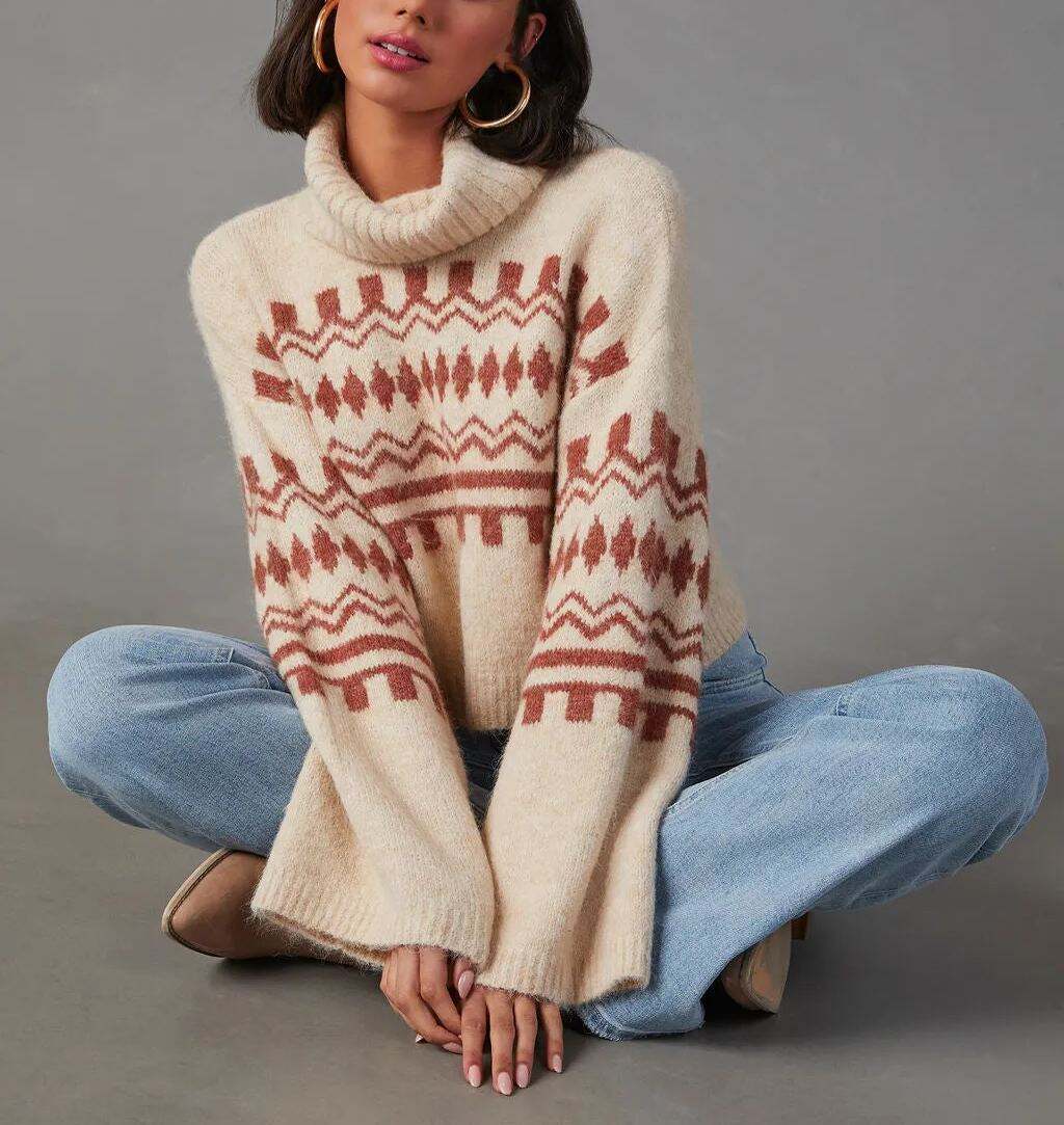Fall Printed Turtleneck Sweater