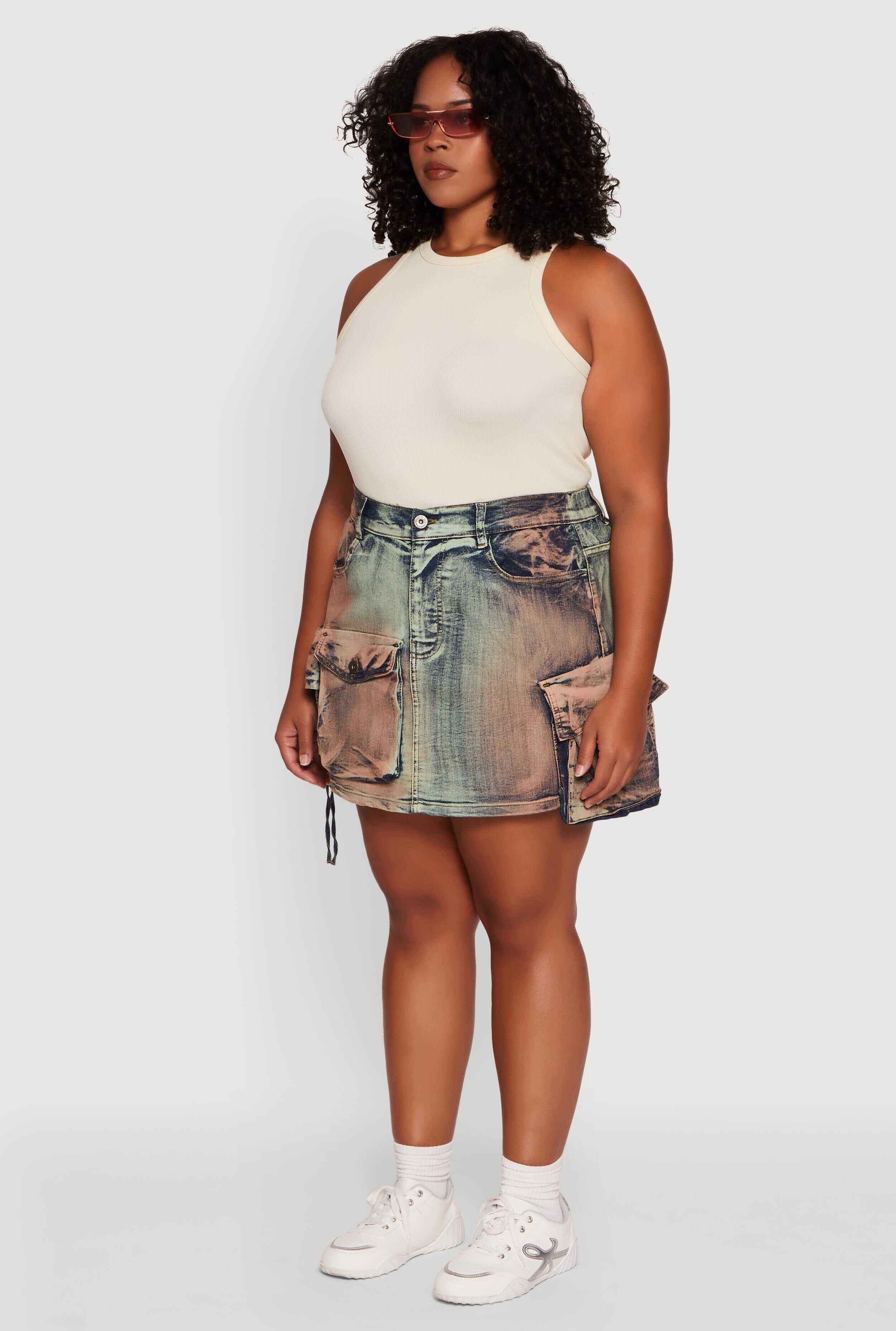 Plus Size Acid Wash High Waisted Mini Denim Skirt