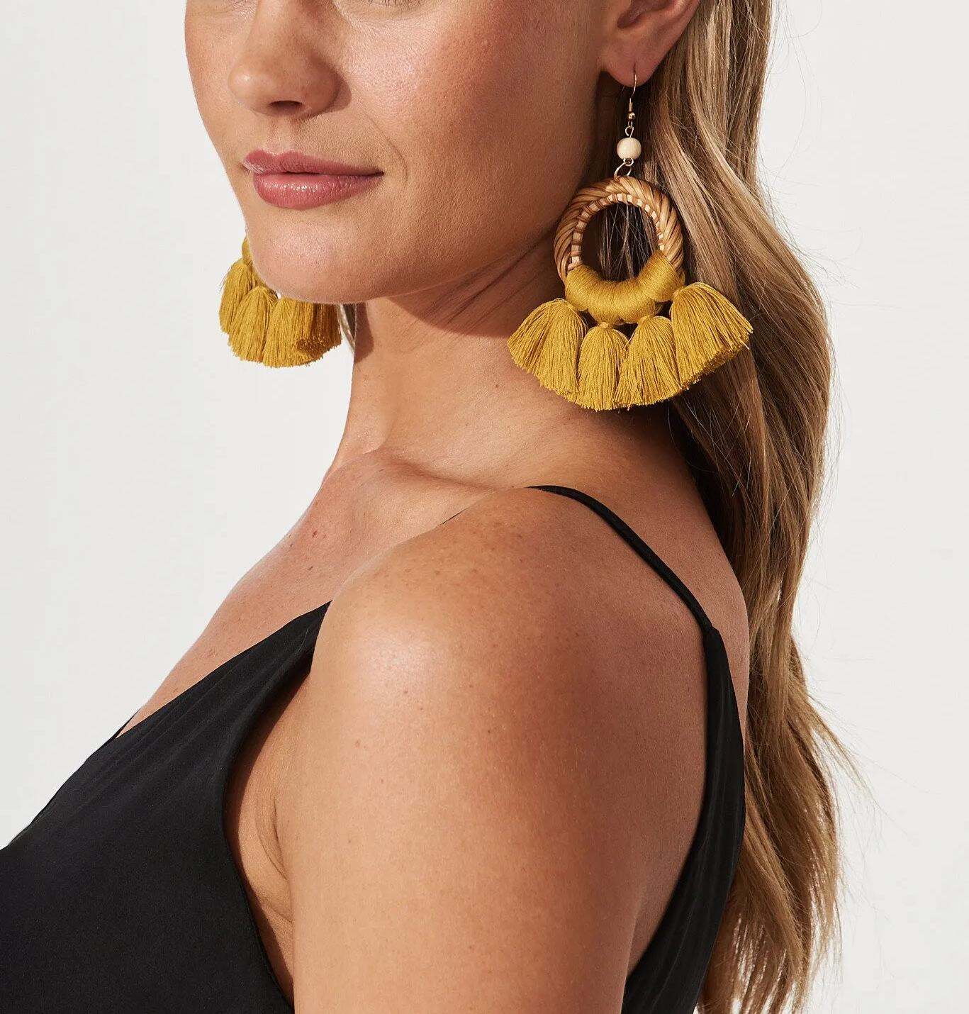 Drop Tassel Earrings In Mustard