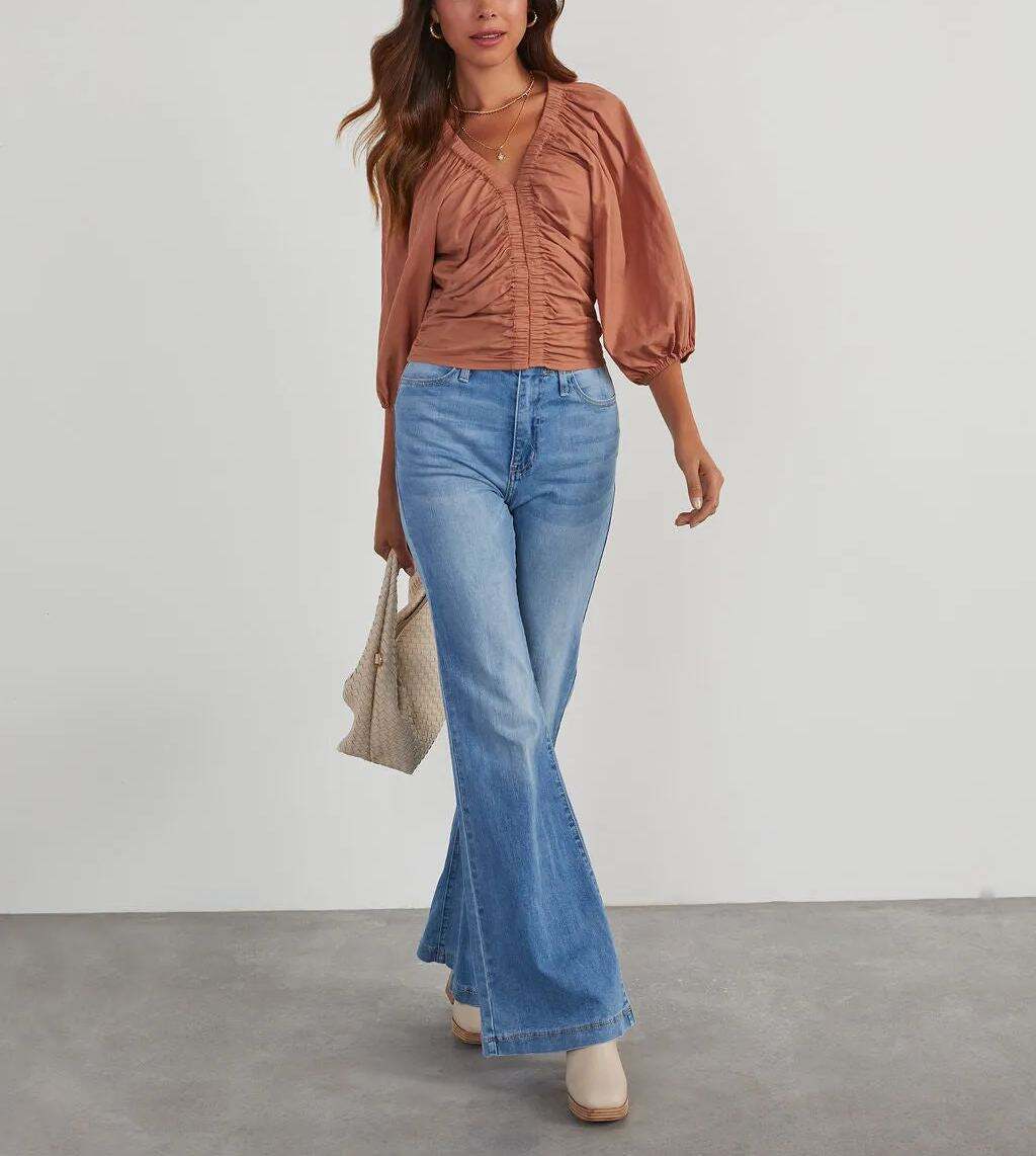 Cotton Ruched V-Neck Top
