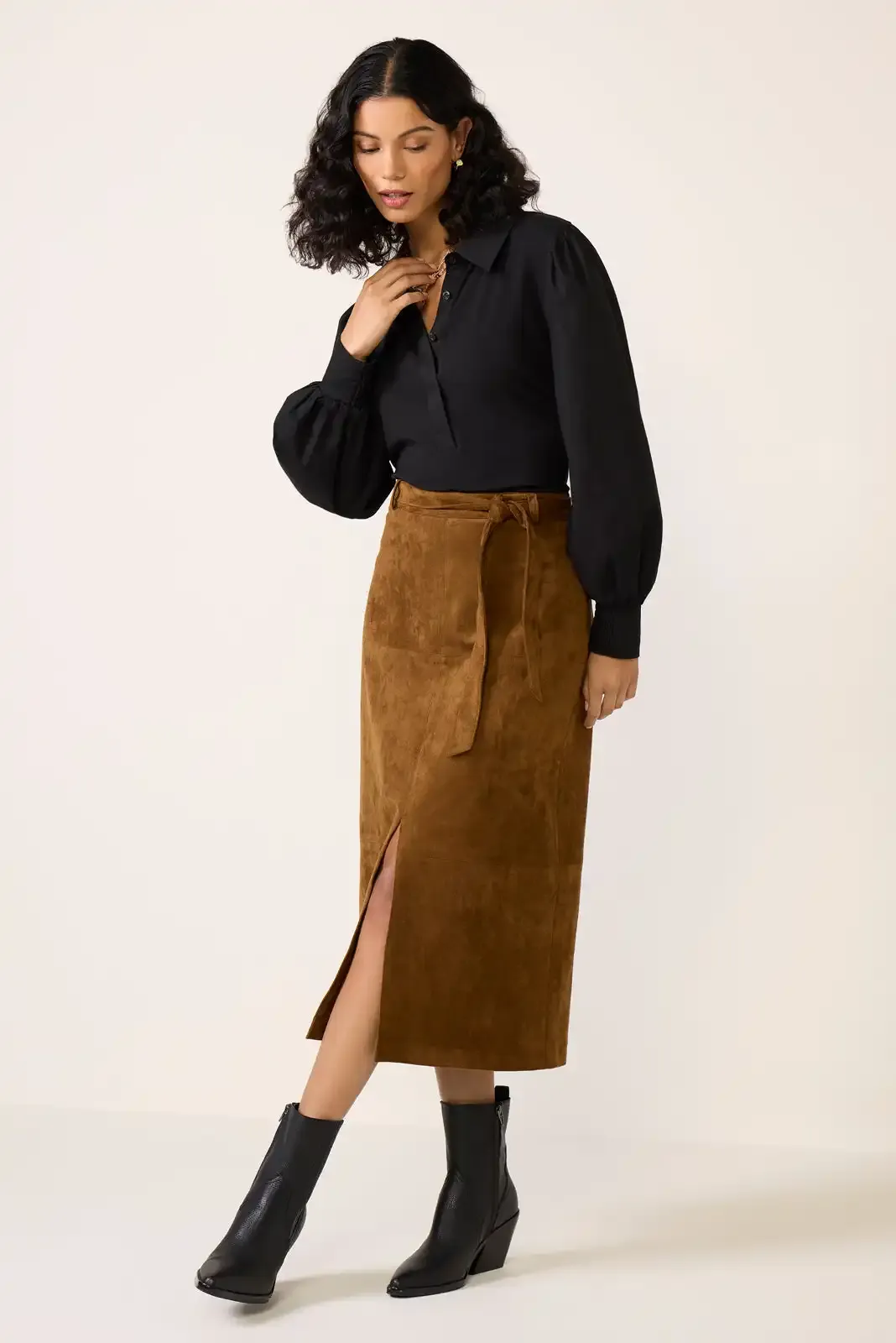Caramel Suede Midi Skirt