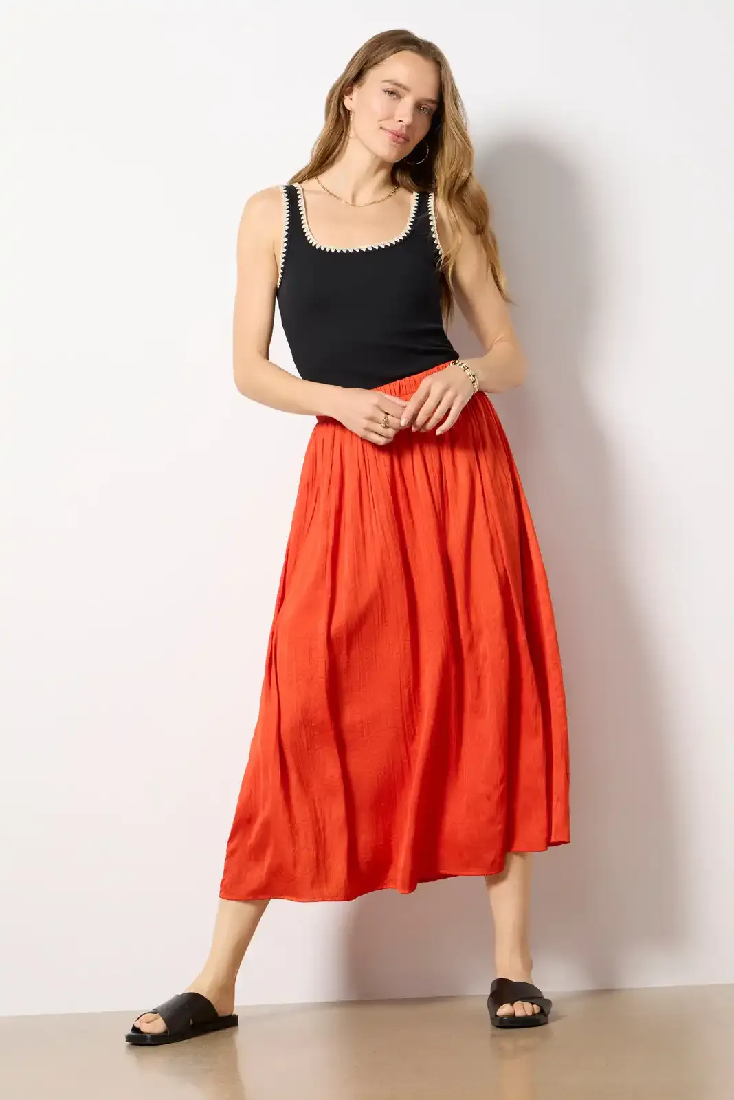 Red Satin Midi Skirt